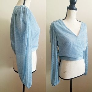 NWT Sky Blue Shiny Crop Wrap Top || Medium || Disco Funky Metallic